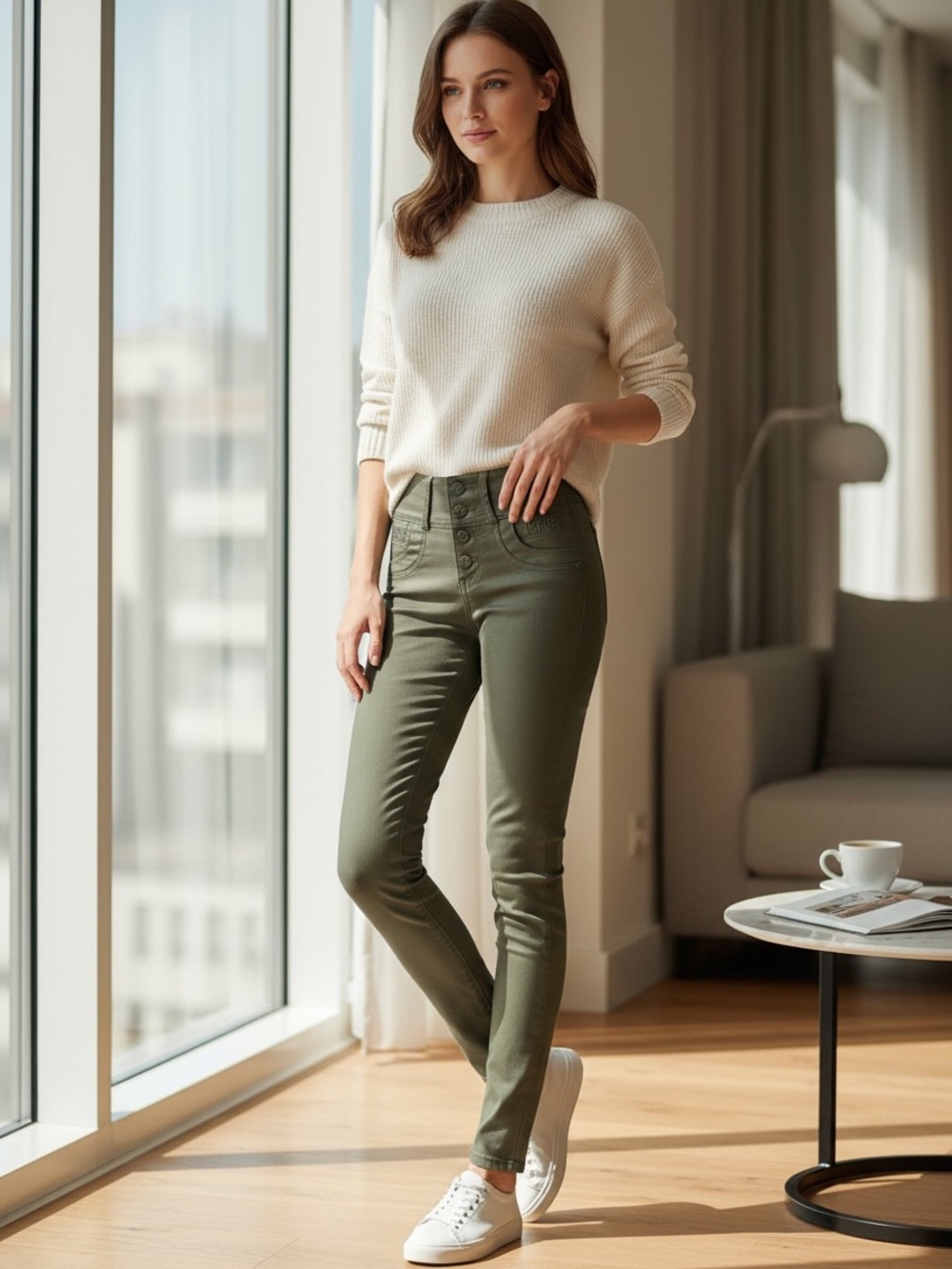 TISSINI Olive Green Button-Front Skinny Pants